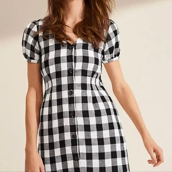LOFT Black & White Gingham Button V-Neck Dress Size XL - Picture 4 of 9